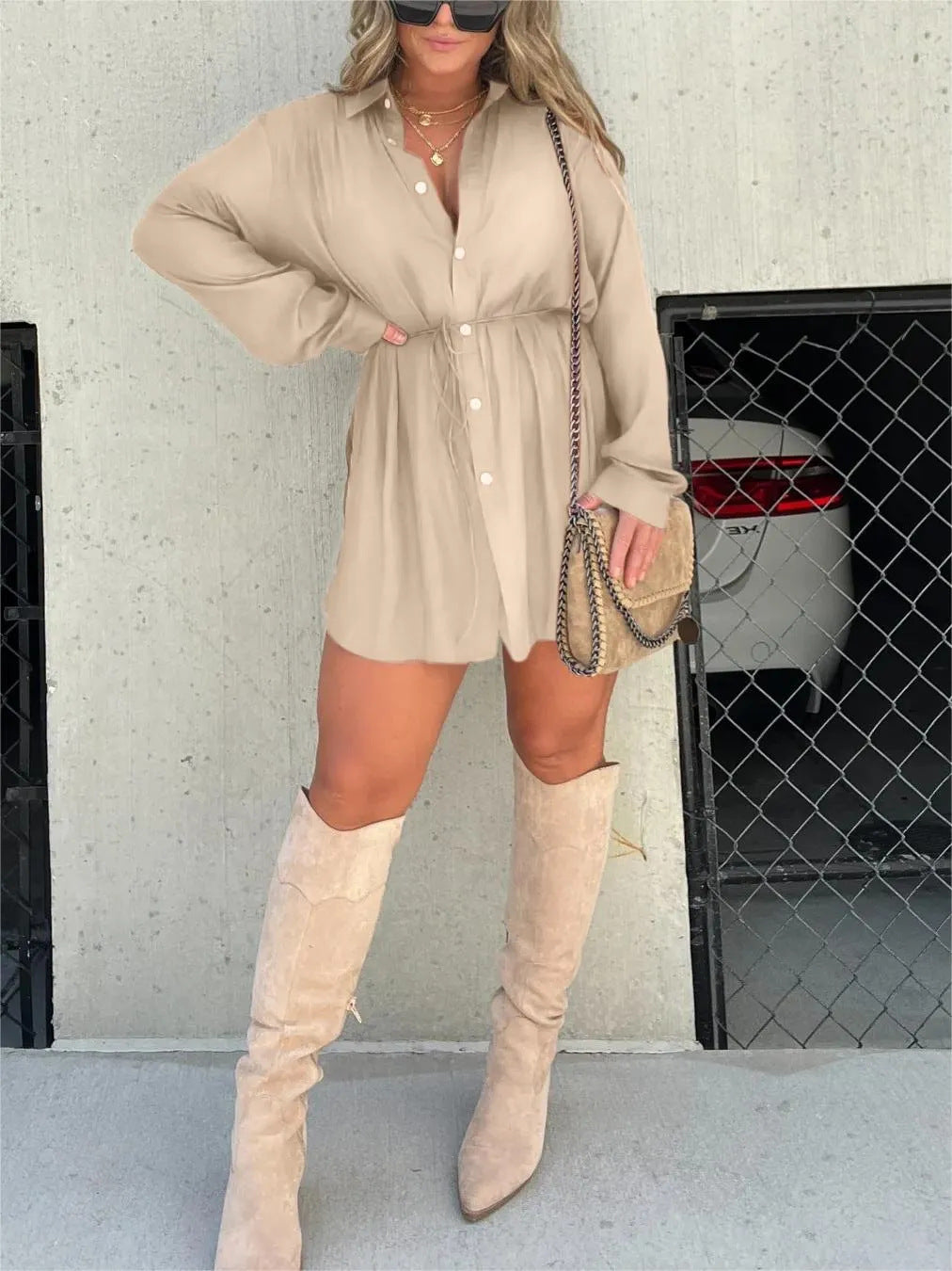 Women's Long Sleeve Button-Up Shirt Romper – Casual Chic Jumpsuit with Waist Tie