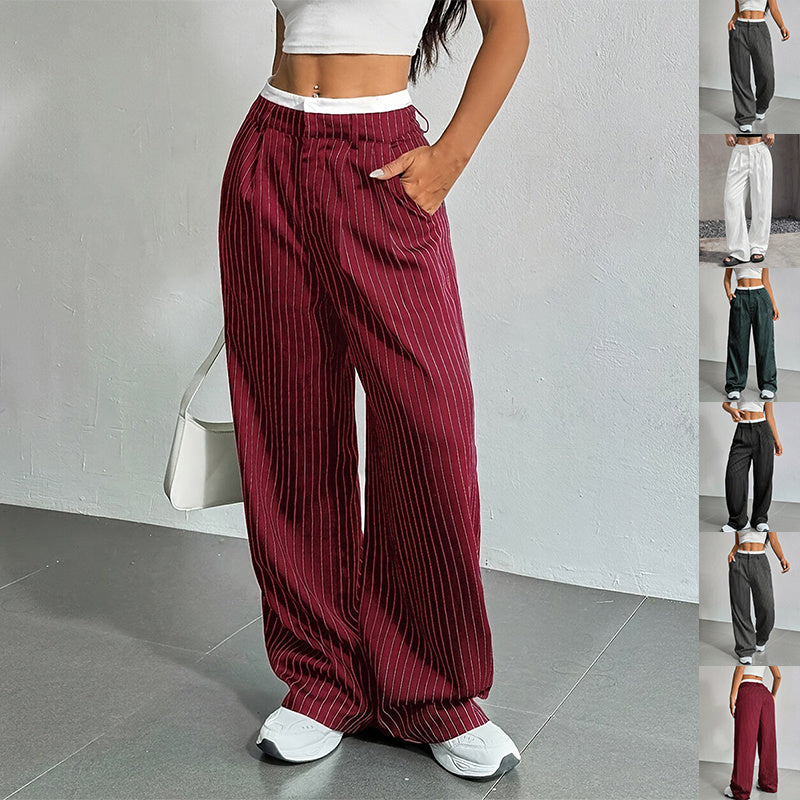Women's High Waist Striped Pants | Summer Casual Straight-Leg Trousers with Pockets & Zipper