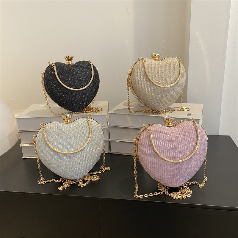 Heart-Shaped Evening Clutch Bag for Women – Sparkly Party Purse with Gold Chain, Elegant & Unique Design