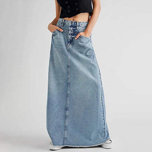 Women’s High Waist Long Denim Skirt | Vintage A-Line Casual Streetwear Look
