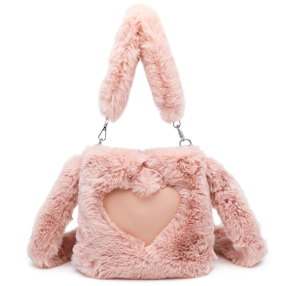 Fluffy Women’s Shoulder Bag with Heart Design – 3-in-1 Winter Handbag with Strap, Soft & Stylish