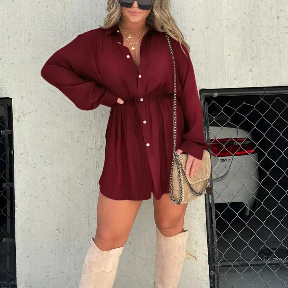 Women's Long Sleeve Button-Up Shirt Romper – Casual Chic Jumpsuit with Waist Tie