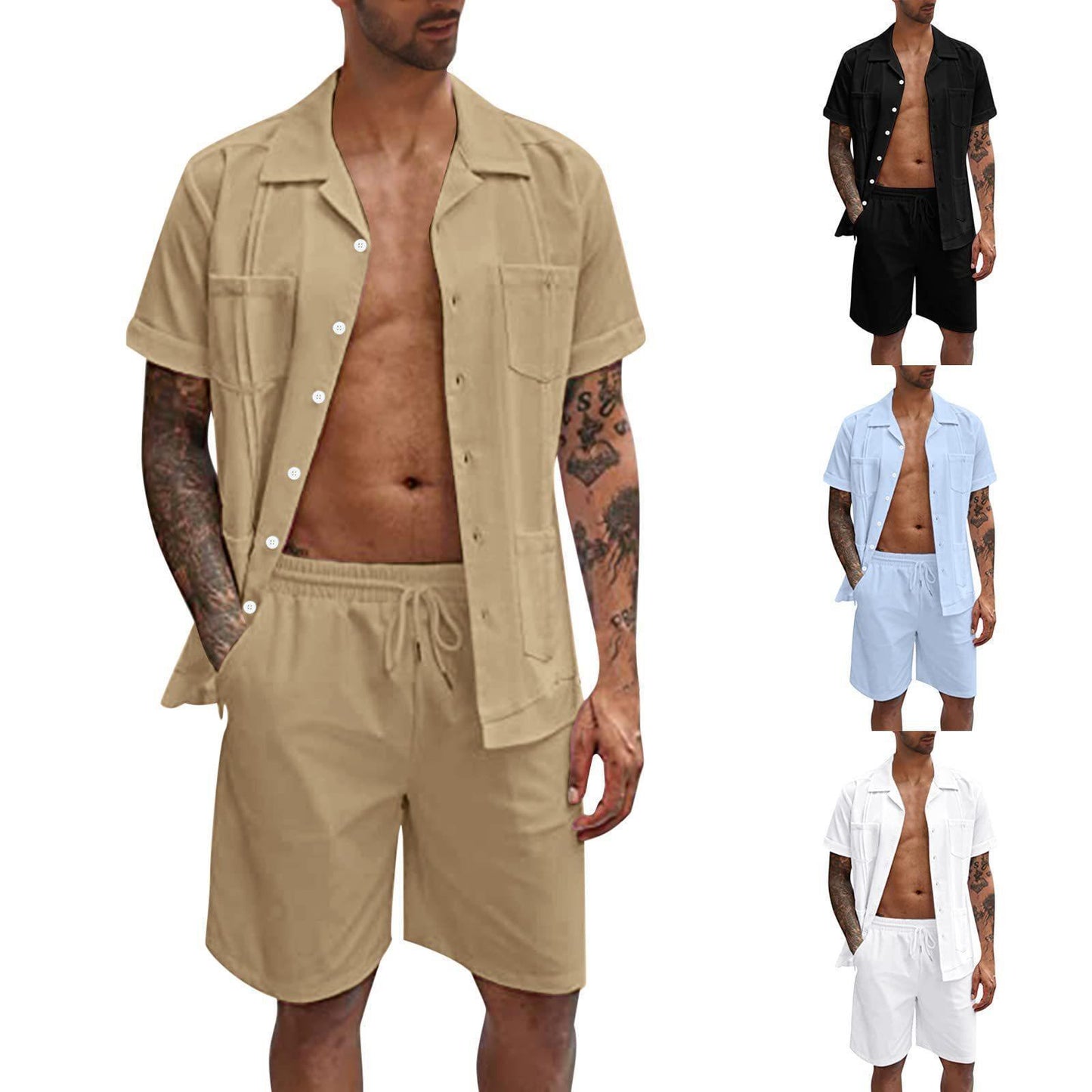 Men’s Linen Summer Set – Breathable Short Sleeve Shirt + Shorts, Casual Fit