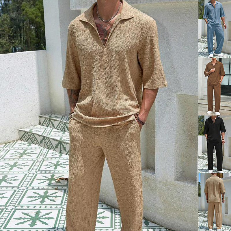 Men's Summer Commuter Set – Short Sleeve Top & Straight-Leg Trousers