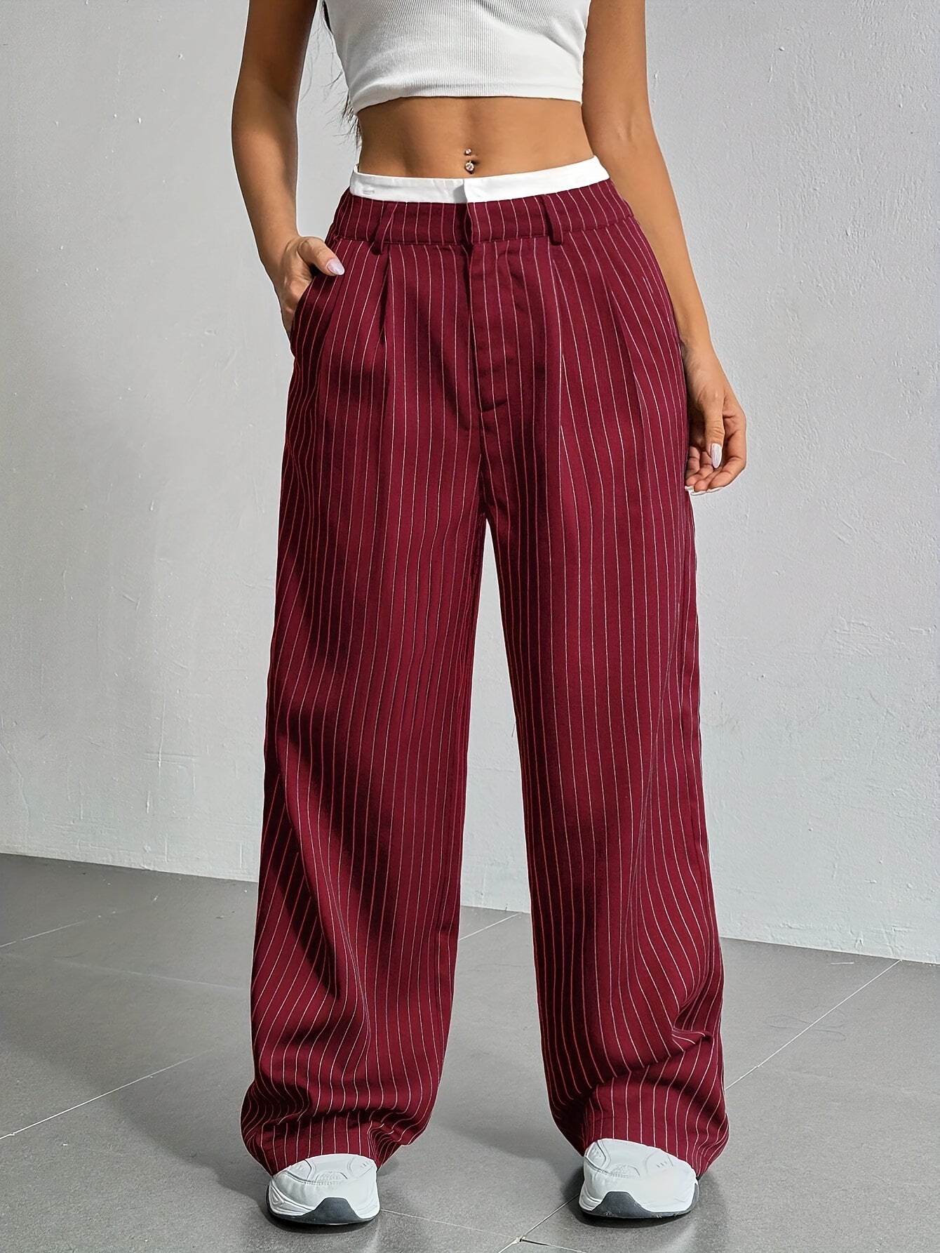 Women's High Waist Striped Pants | Summer Casual Straight-Leg Trousers with Pockets & Zipper