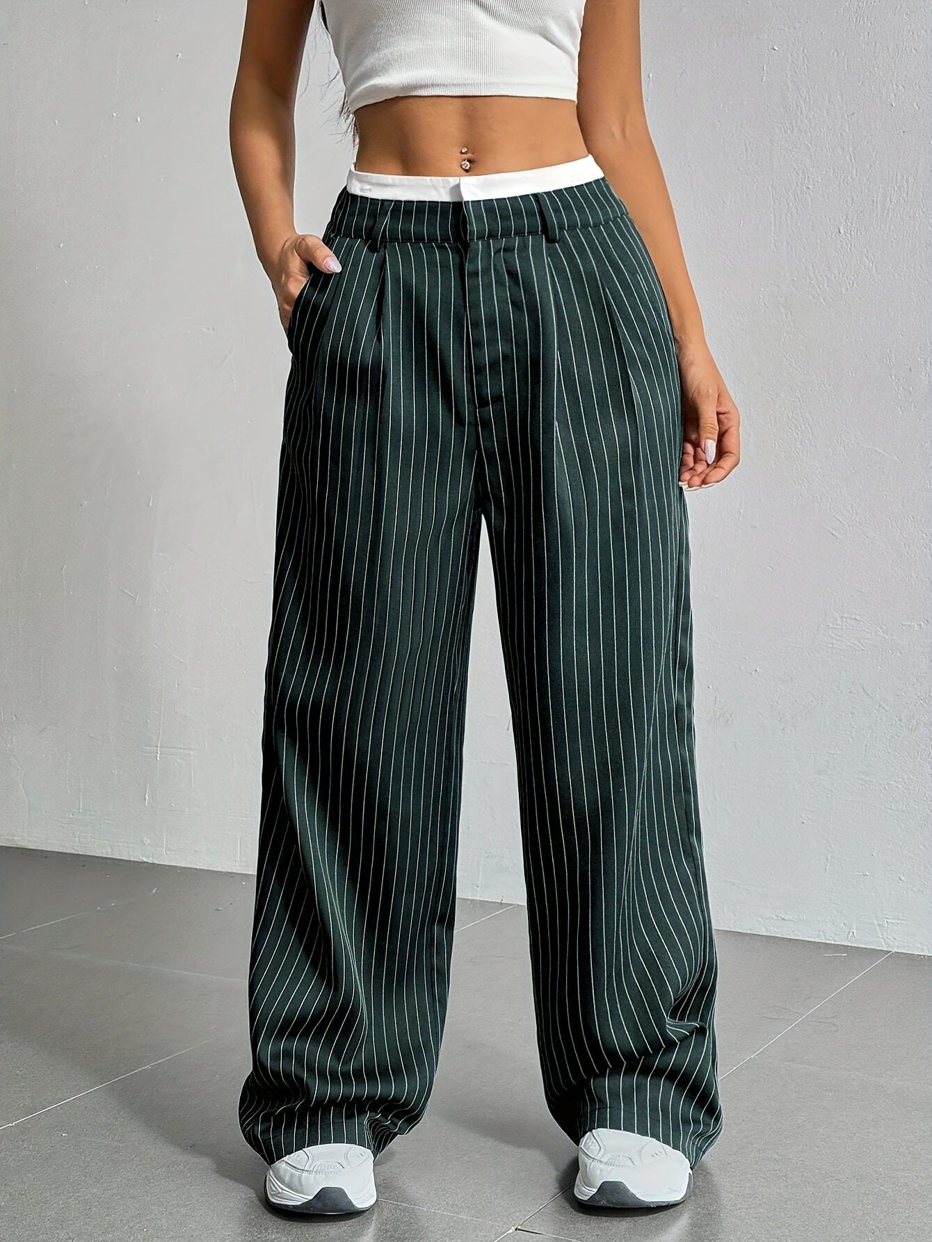 Women's High Waist Striped Pants | Summer Casual Straight-Leg Trousers with Pockets & Zipper
