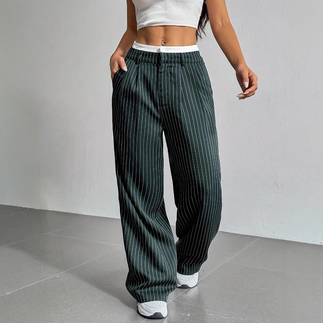 Women's High Waist Striped Pants | Summer Casual Straight-Leg Trousers with Pockets & Zipper