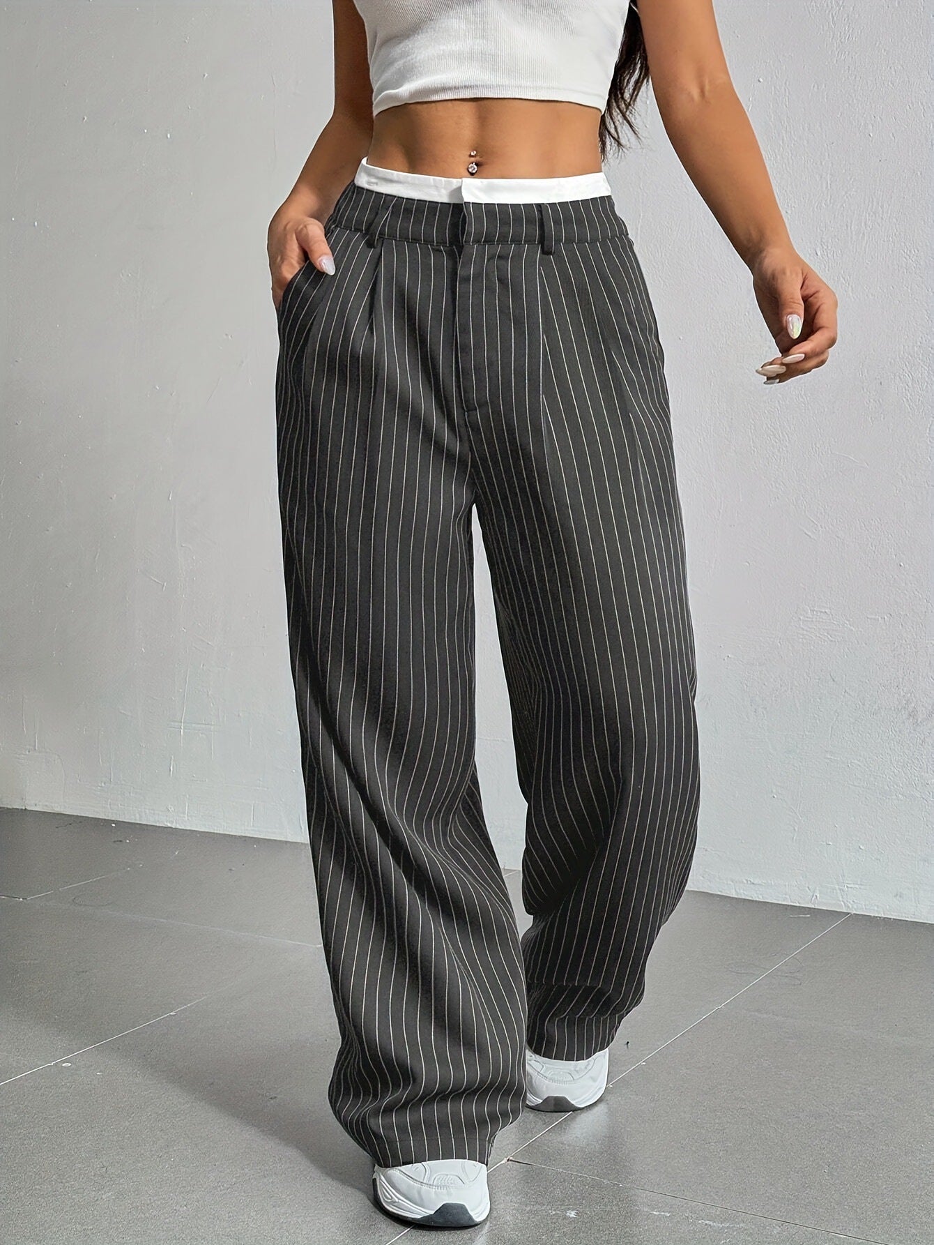 Women's High Waist Striped Pants | Summer Casual Straight-Leg Trousers with Pockets & Zipper