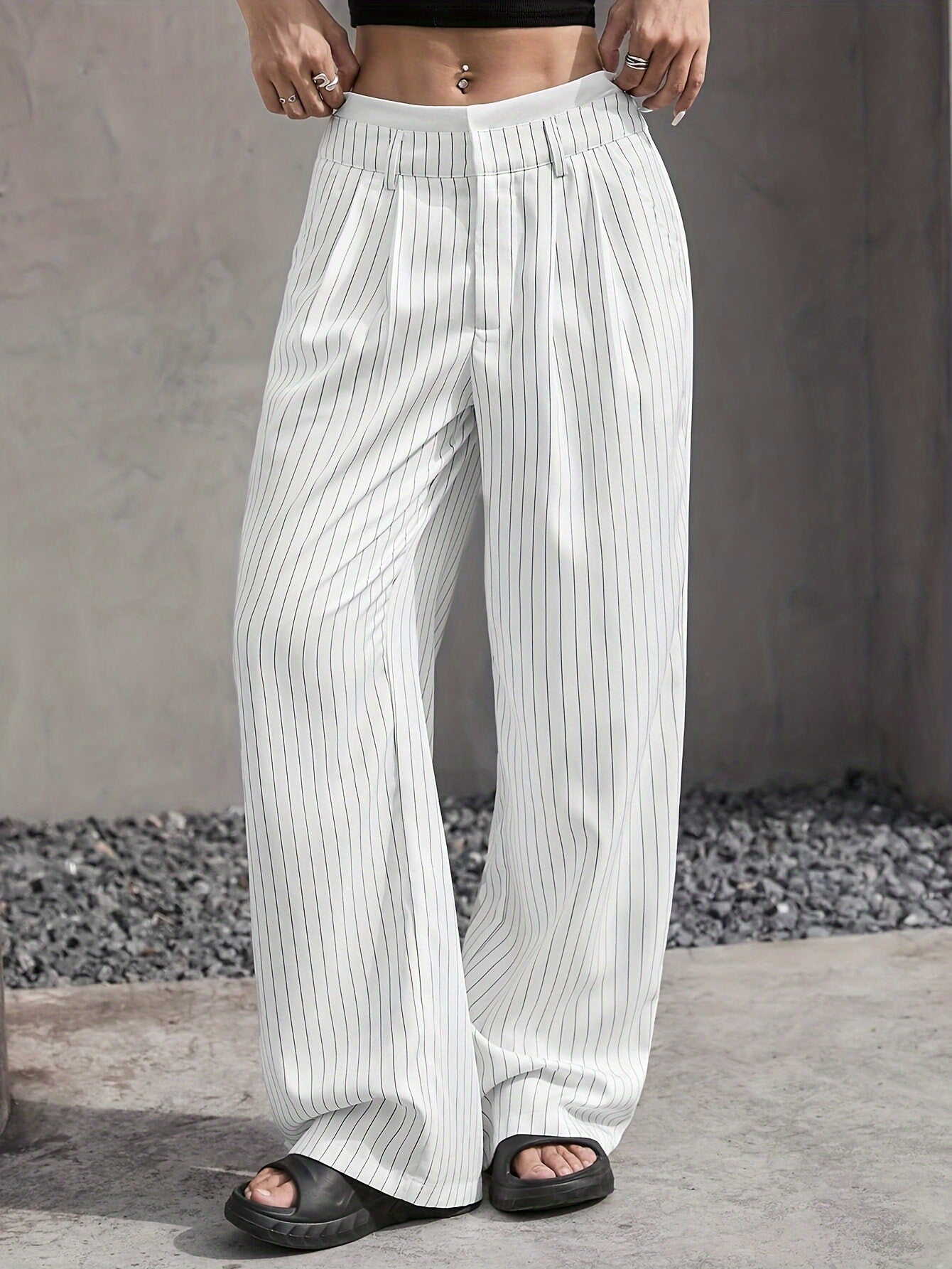 Women's High Waist Striped Pants | Summer Casual Straight-Leg Trousers with Pockets & Zipper