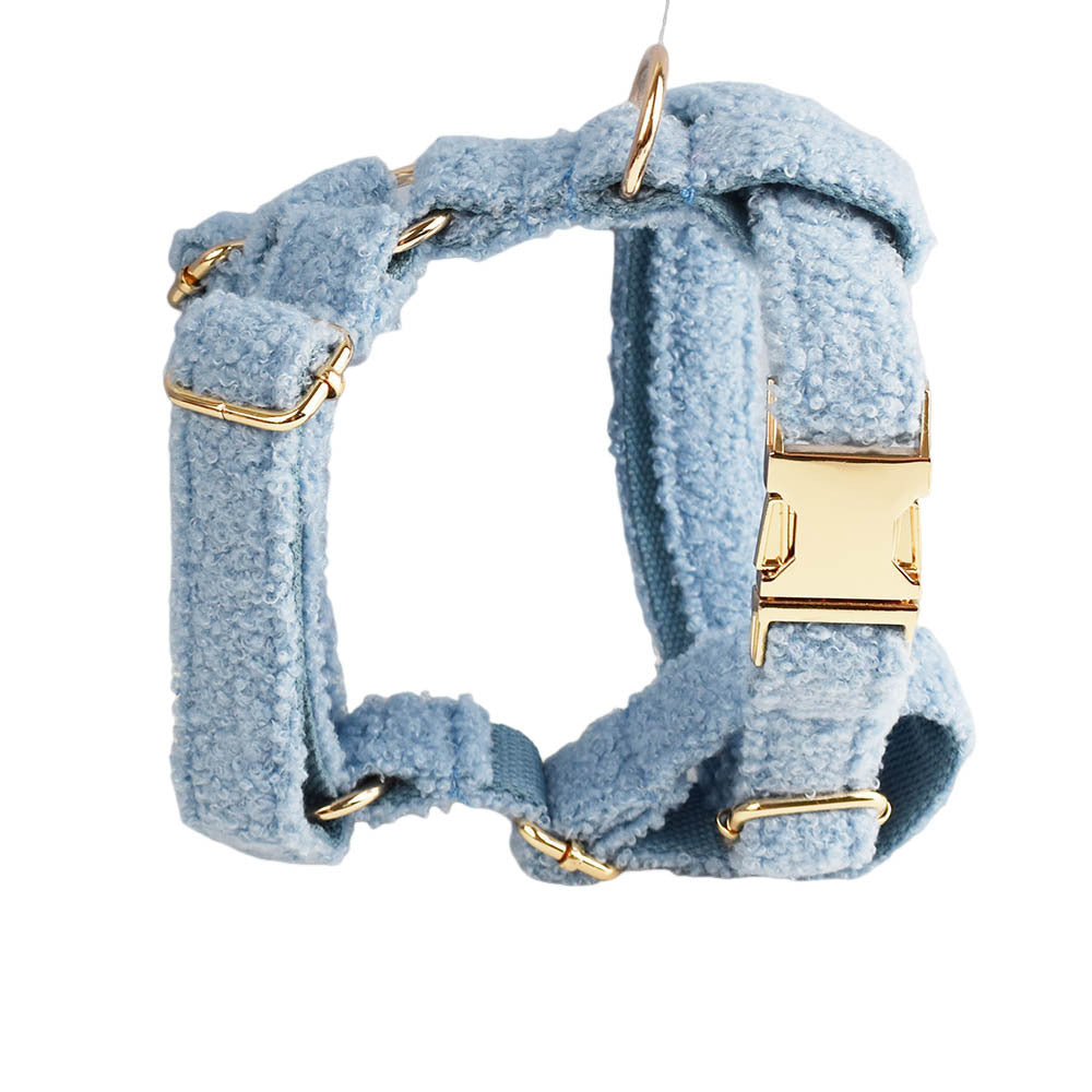 Blue Plush Dog Harness Set – Collar, Leash, Bow & Vest (Soft Teddy Style)