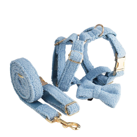 Blue Plush Dog Harness Set – Collar, Leash, Bow & Vest (Soft Teddy Style)