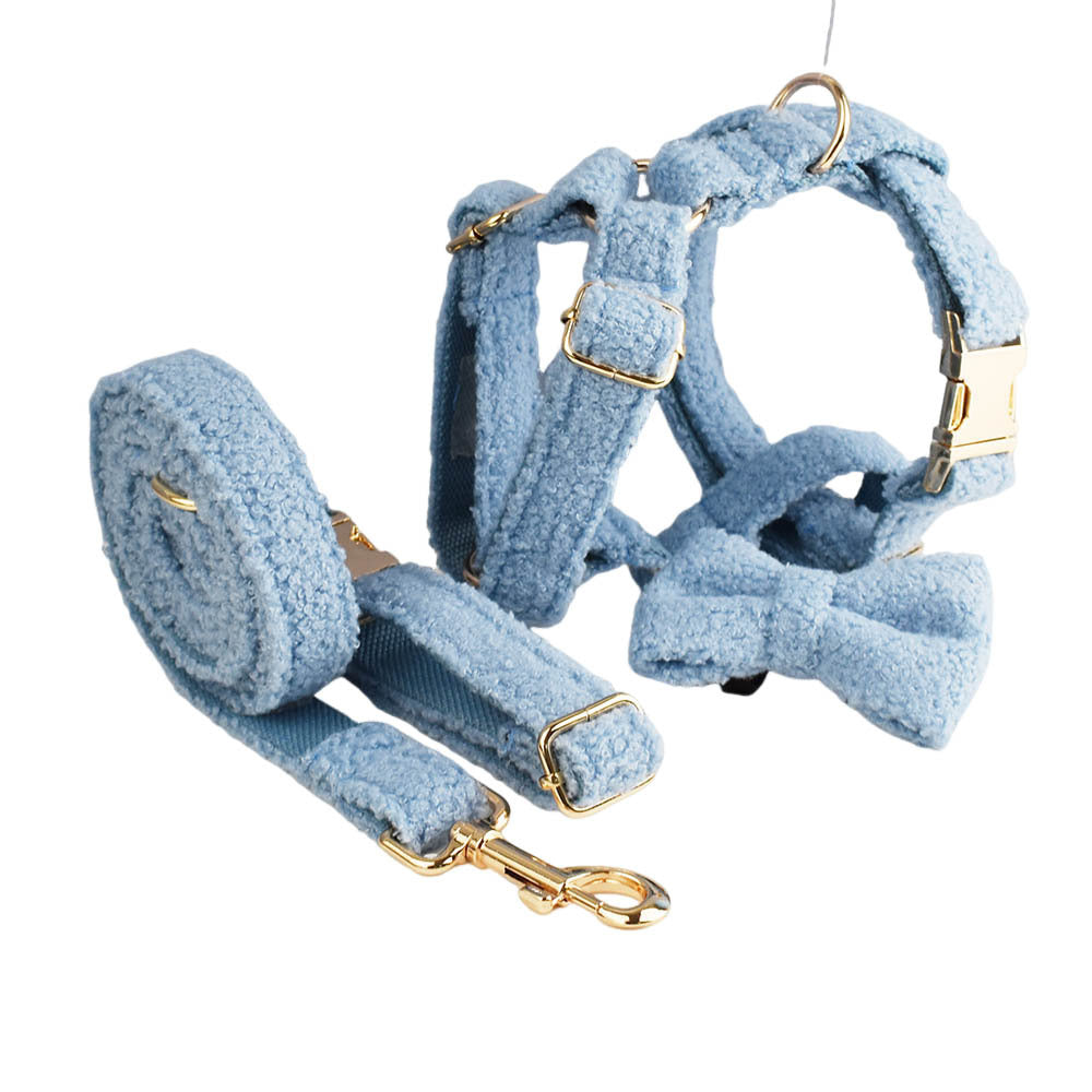 Blue Plush Dog Harness Set – Collar, Leash, Bow & Vest (Soft Teddy Style)