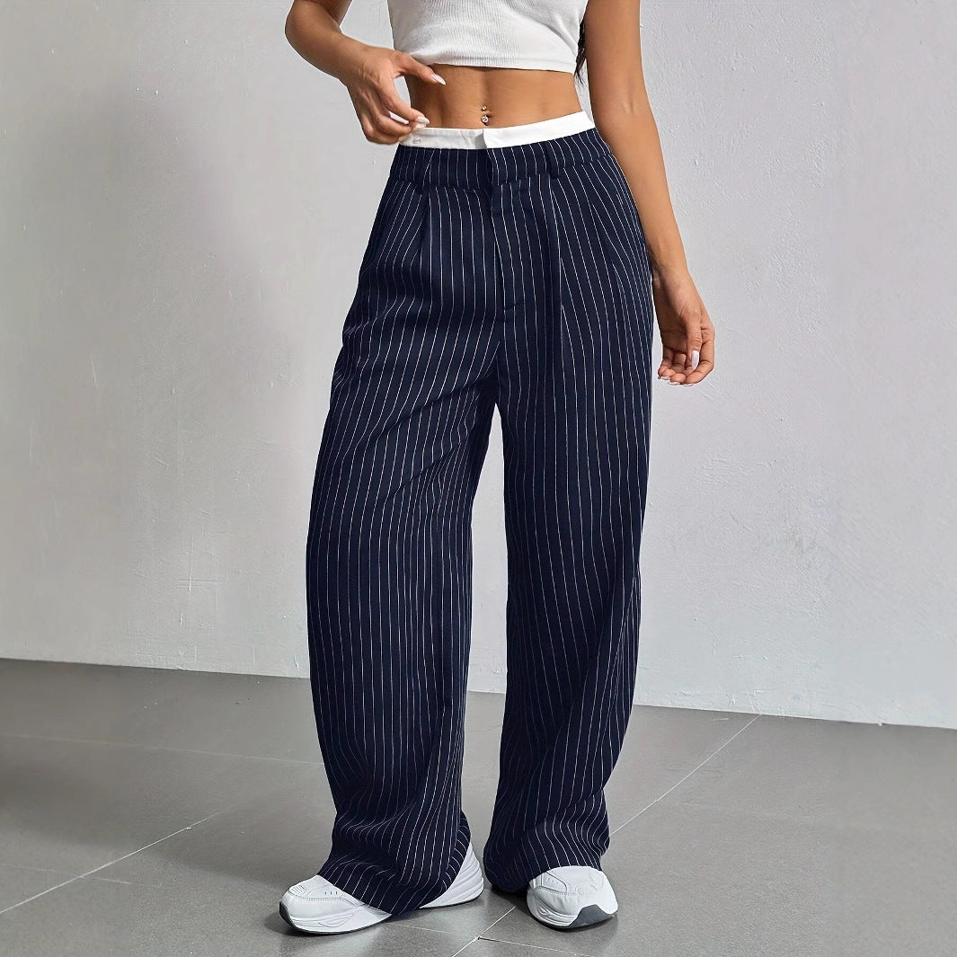 Women's High Waist Striped Pants | Summer Casual Straight-Leg Trousers with Pockets & Zipper