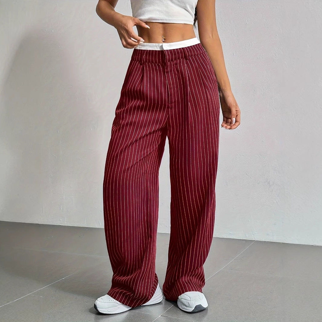 Women's High Waist Striped Pants | Summer Casual Straight-Leg Trousers with Pockets & Zipper