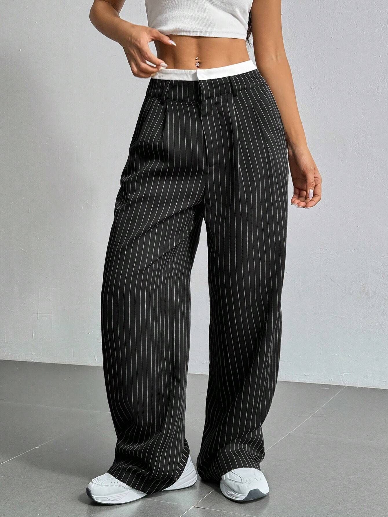 Women's High Waist Striped Pants | Summer Casual Straight-Leg Trousers with Pockets & Zipper