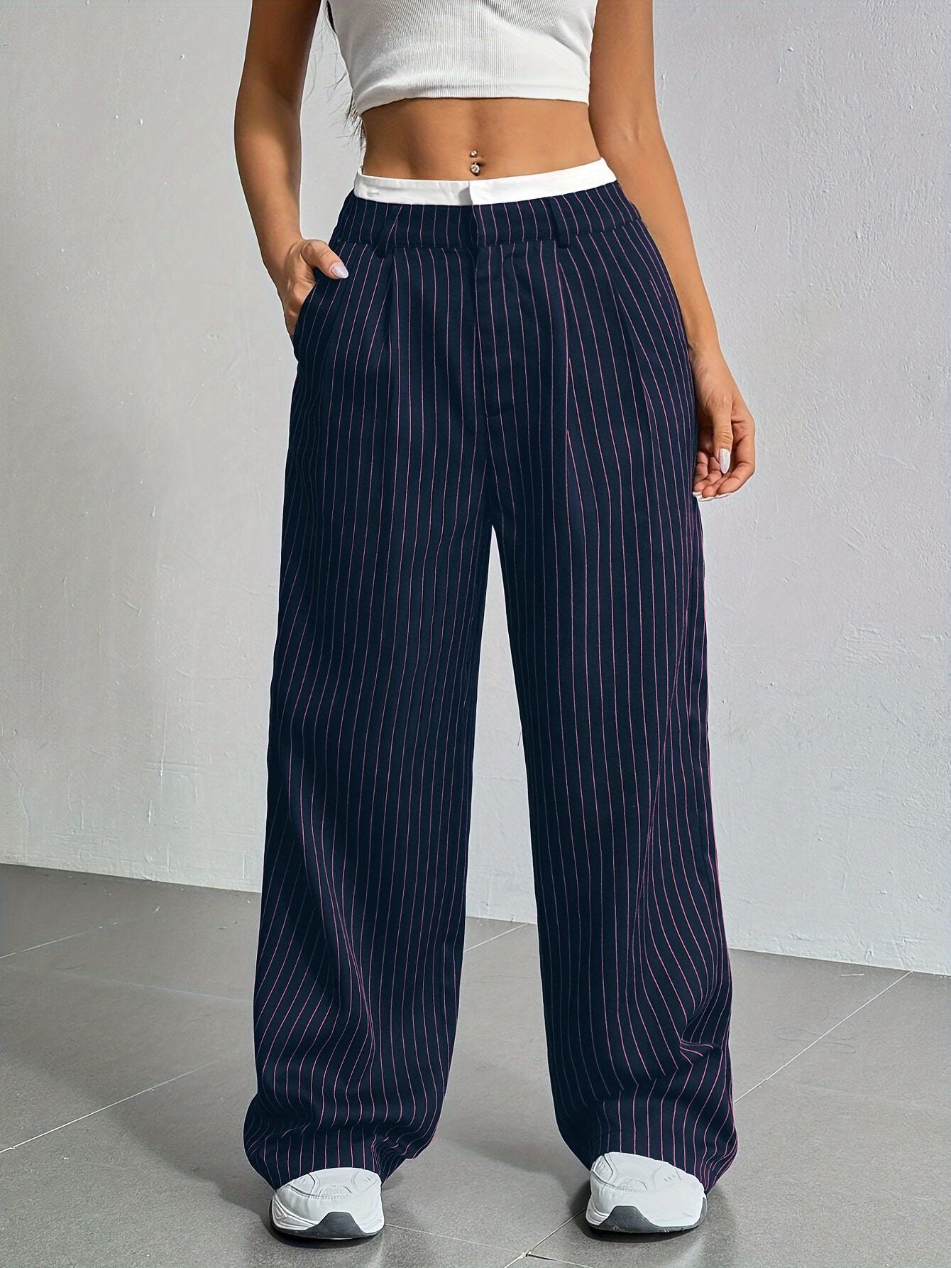 Women's High Waist Striped Pants | Summer Casual Straight-Leg Trousers with Pockets & Zipper