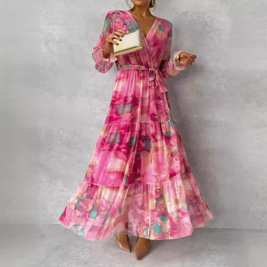 Elegant Long Floral Dress – V-neck Chiffon Maxi Dress with Long Sleeves 2025