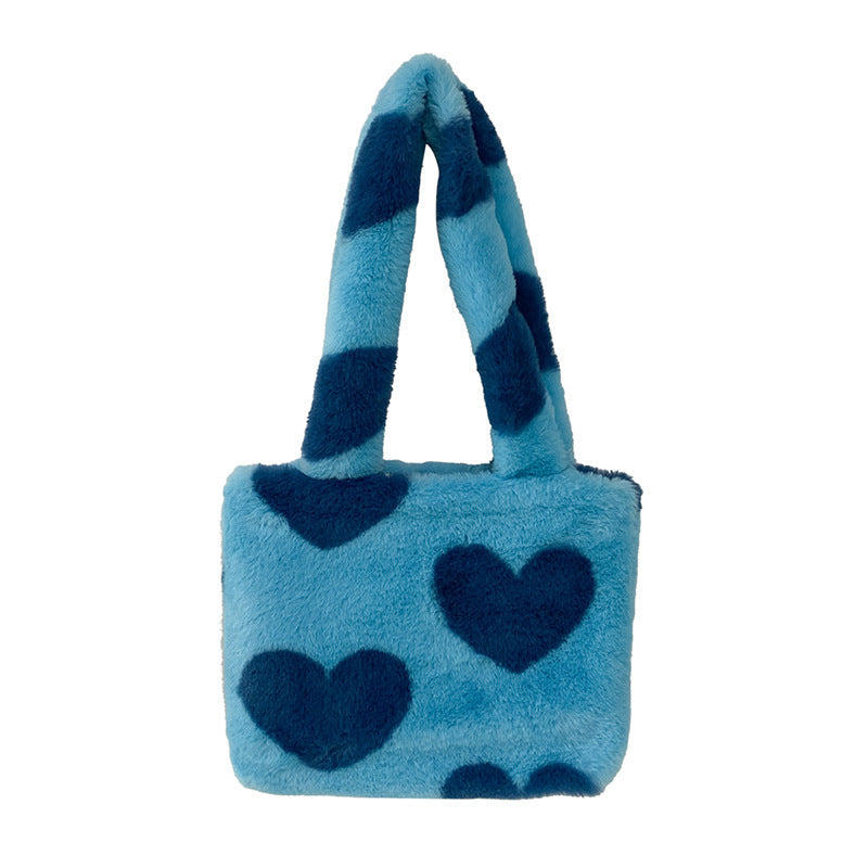 Women’s Plush Heart Shoulder Bag – Soft Fluffy Winter Underarm Bag with Love Pattern