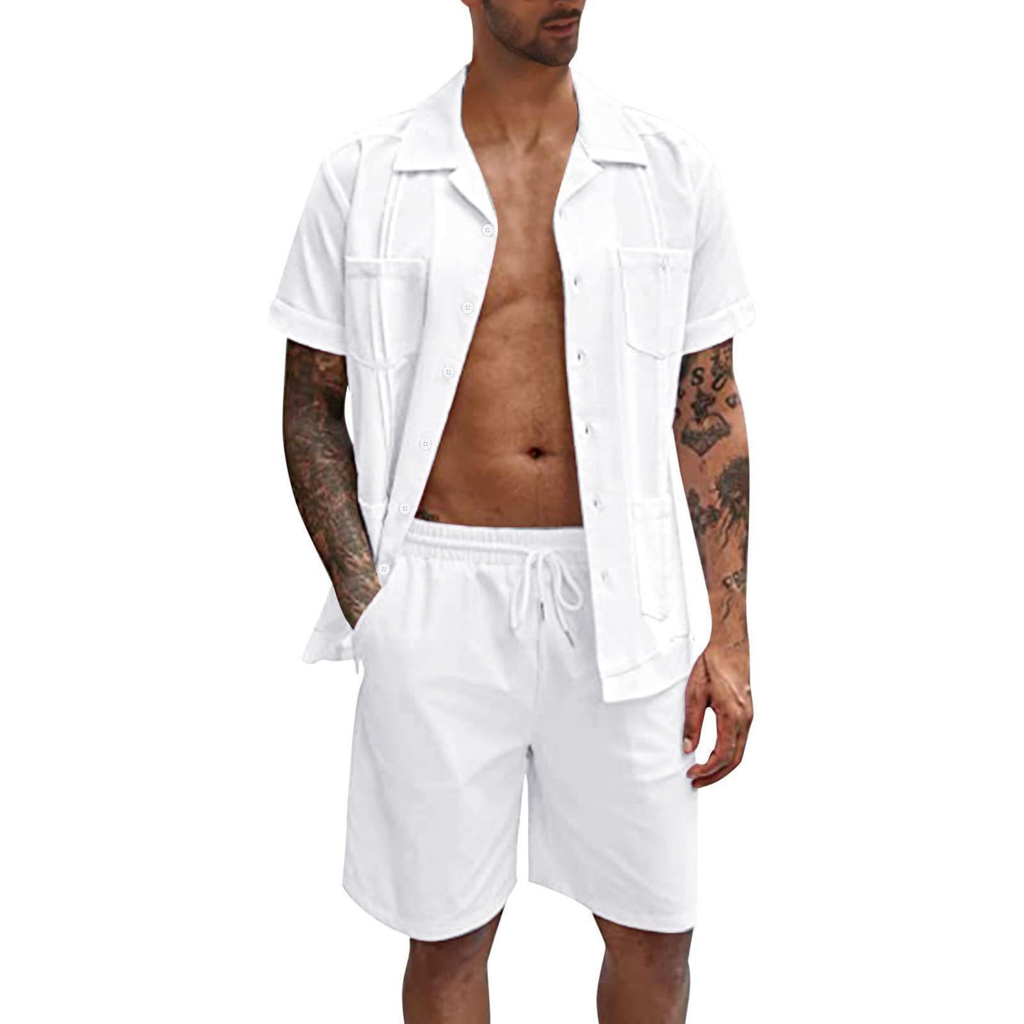 Men’s Linen Summer Set – Breathable Short Sleeve Shirt + Shorts, Casual Fit