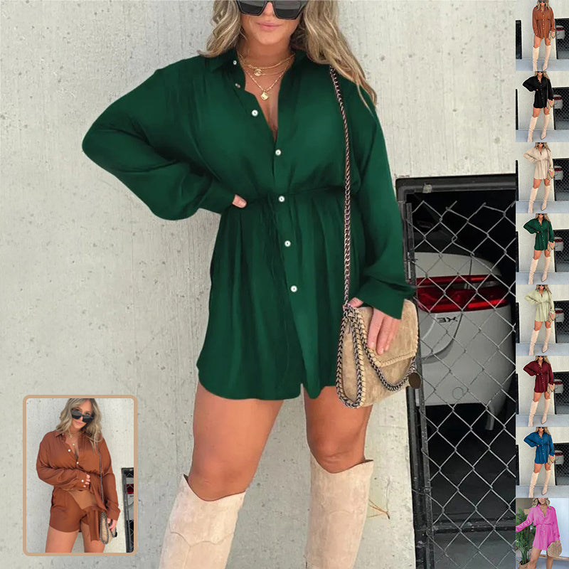 Women's Long Sleeve Button-Up Shirt Romper – Casual Chic Jumpsuit with Waist Tie