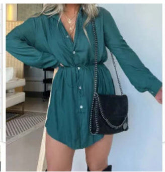 Women's Long Sleeve Button-Up Shirt Romper – Casual Chic Jumpsuit with Waist Tie