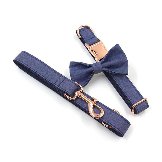 Rose Gold Buckle Dog Collar and Leash Set – Stylish Denim with Removable Bow Tie