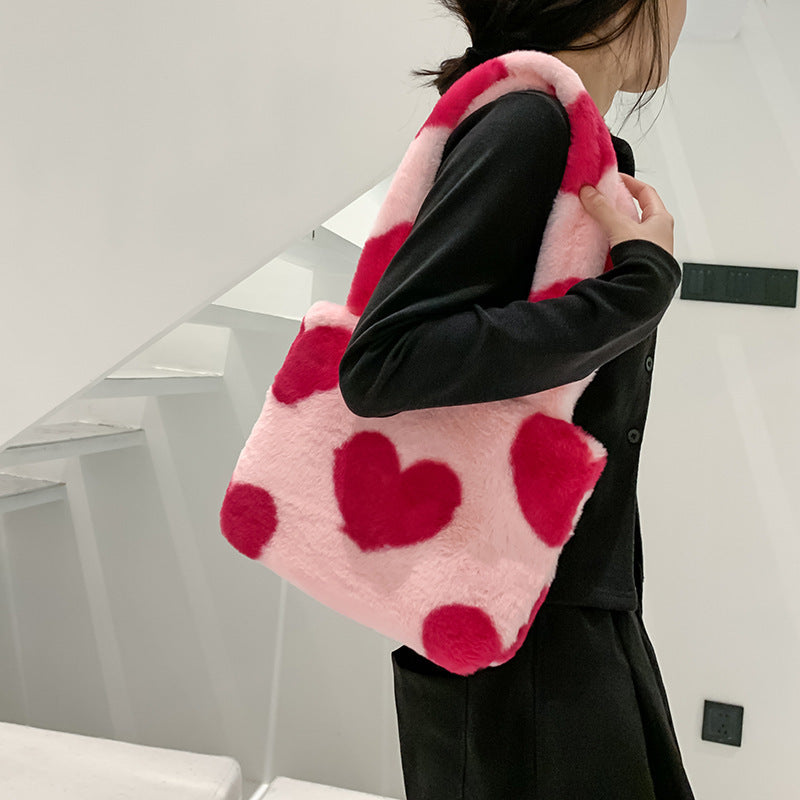 Women’s Plush Heart Shoulder Bag – Soft Fluffy Winter Underarm Bag with Love Pattern