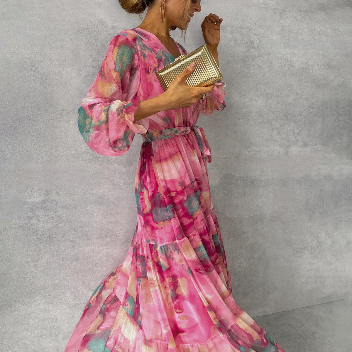 Elegant Long Floral Dress – V-neck Chiffon Maxi Dress with Long Sleeves 2025