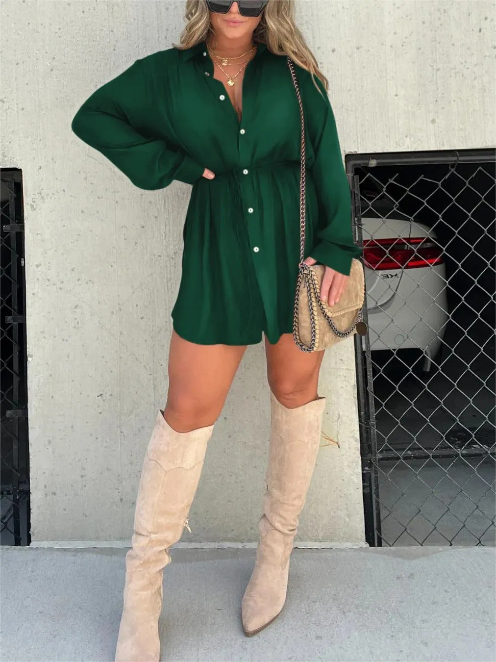 Women's Long Sleeve Button-Up Shirt Romper – Casual Chic Jumpsuit with Waist Tie